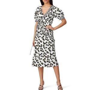 NEW Love Whit White Black Floral Print Puff Sleeve MIDI Wrap Dress Size XS
